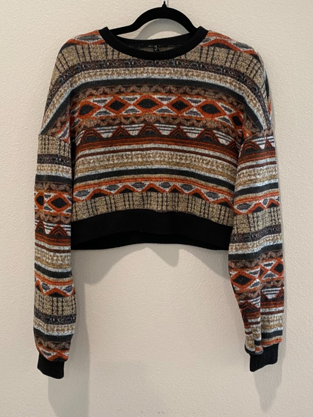 Zaful Aztec Geometric Knit Crop Sweater Multicolor Grey Orange Black Size 8 (L) - Picture 1 of 12